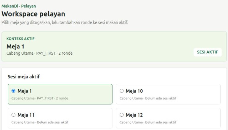 Tampilan workspace pelayanan restoran MakanDi